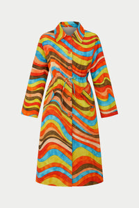 GATHERED WAIST ABSTRACT PATTERNED TRENCH COAT