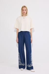 ELASTICATED WAIST EMBROIDERIED TROUSERS